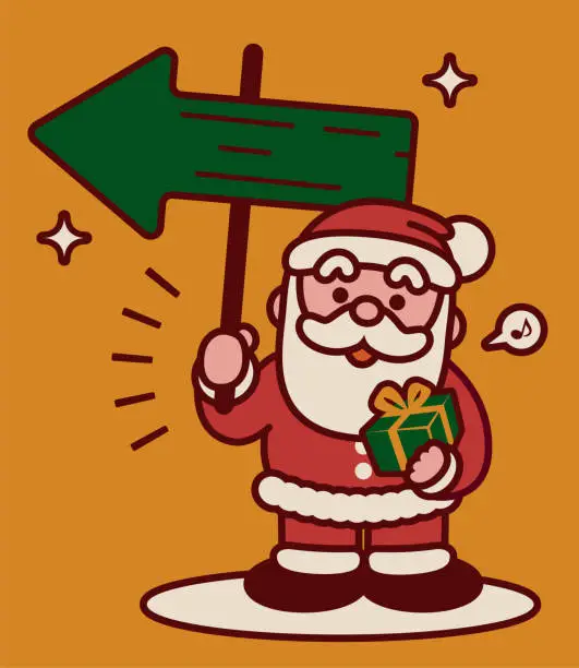 Vector illustration of Adorable Santa Claus carrying a Christmas present and holding an arrow direction sign