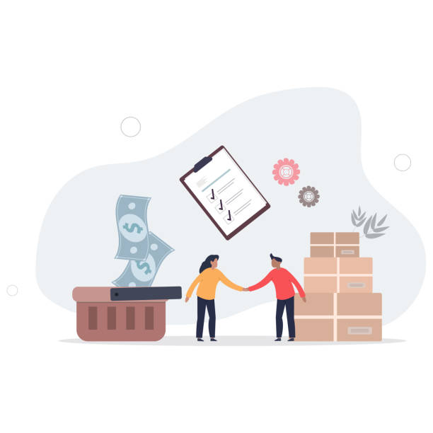 Procurement work as supply chain and order processing.Occupation with task to control demand and communication with suppliers.flat vector illustration. Procurement work as supply chain and order processing.Occupation with task to control demand and communication with suppliers. supplier relationship management stock illustrations