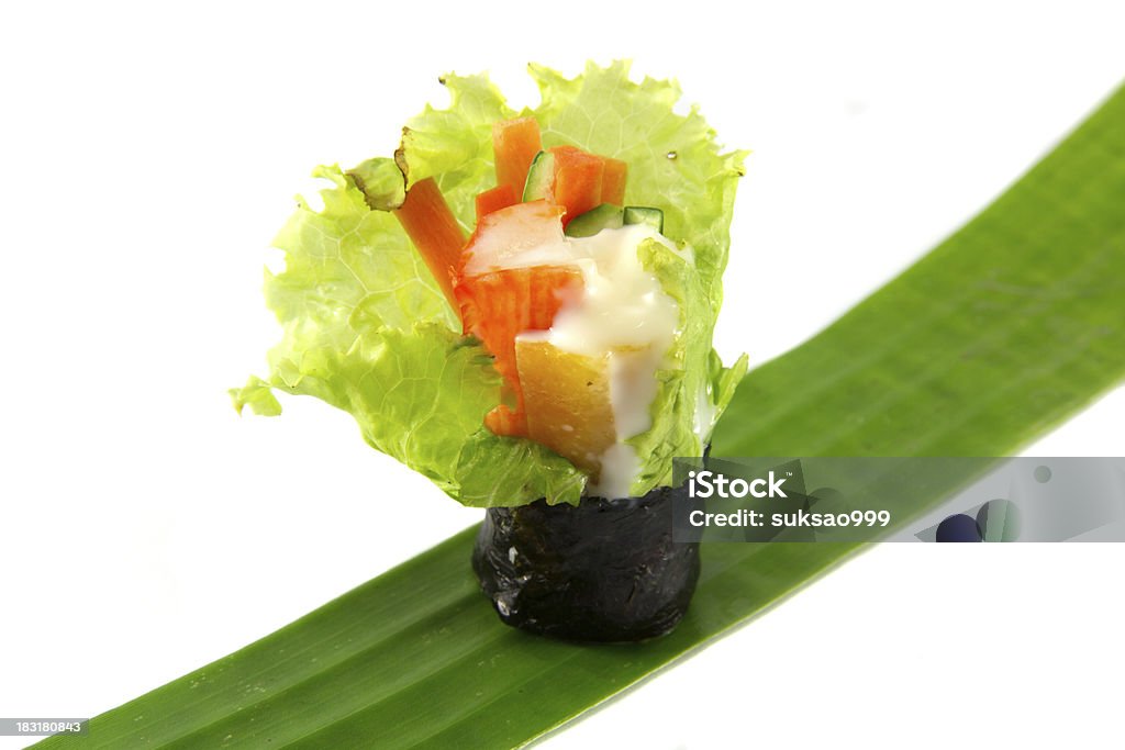 Sushi crab Crab sushi is placed on a banana leaf and white background. Asia Stock Photo