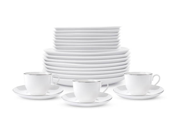 istock Clean plates, cups and saucers on white background 1831812803