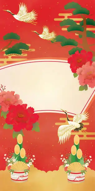 Vector illustration of Japanese Pattern Red Crane and Pine Background Template
