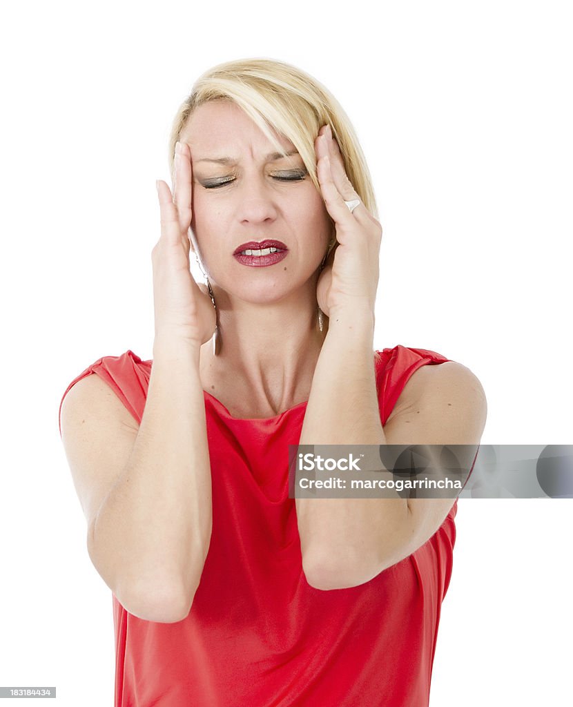 Belle blonde avec terrible maux de tête - Photo de A la mode libre de droits