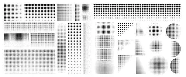 Vector illustration of Set of different halftone gradient Cartoon dots, texture, circle, wide halftone, rounded shapes, grunge halftone, grid dots circles collection. use to Pop art dotted, banner, poster, print item.