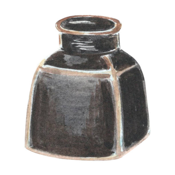 ilustrações de stock, clip art, desenhos animados e ícones de watercolor of old inkwell for feather pen. template illustration of antique ink bottle. hand drawn isolated illustration for invitation and card, printing on packaging and textiles, making stickers - writing manuscript ancient postcard