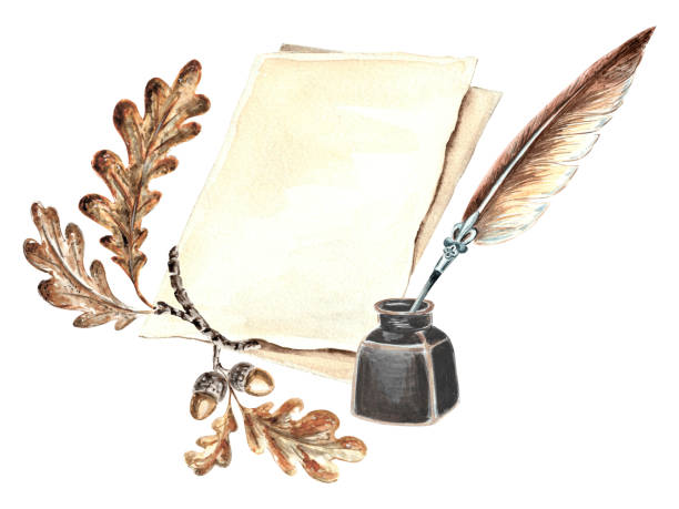 ilustrações de stock, clip art, desenhos animados e ícones de watercolor inkwell with feather pen, sheets and oak branch with acorns. template illustration old writing objects. hand drawn isolated illustration for card, printing on packaging , making stickers - writing manuscript ancient postcard