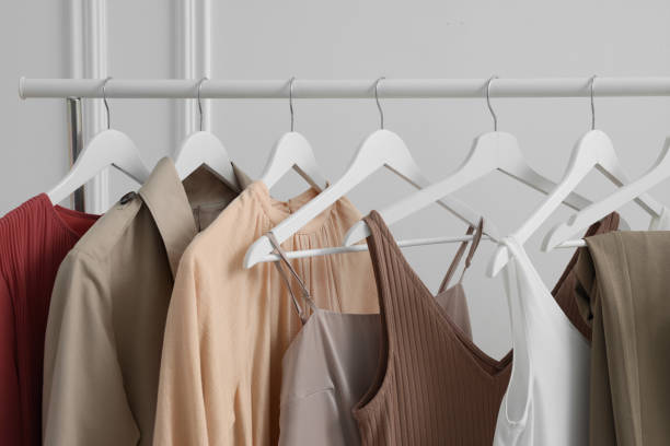 istock Rack with different stylish women`s clothes near white wall indoors, closeup 1831865989