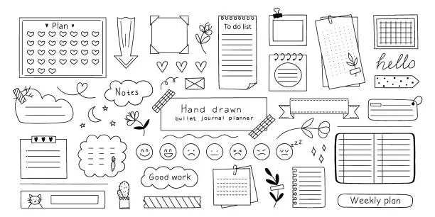 Vector illustration of Set of hand drawn bullet journal elements. Doodle style doodles. Vector illustration