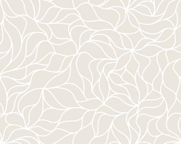 organic petals pattern with white wavy lines and scrolls leaves on light beige background. abstract texture in art deco style. plant ornament. seamless vector design for textile, fabric and wrapping. - seamless art leaf decor点のイラスト素材／クリップアート素材／マンガ素材／アイコン素材