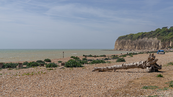 The beach and cliffs in Pett Level, East Sussex, England, UK