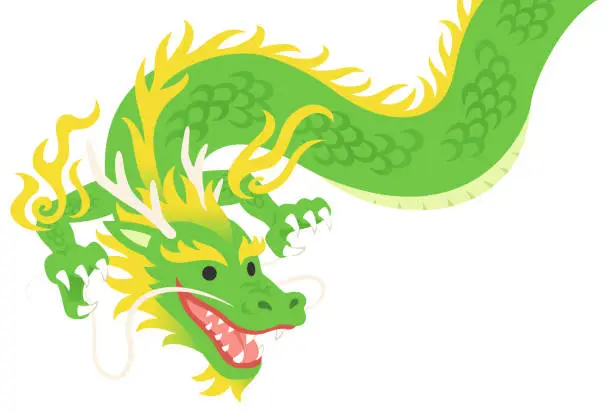 Vector illustration of Illustration of a long green dragon looking down