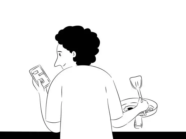 Vector illustration of A man smiling and using mobile phone while cooking in kitchen, cartoon black line drawing.