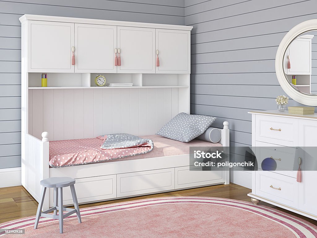 Children's bedroom Bedroom interior for girl. 3d render. Bed - Furniture Stock Photo