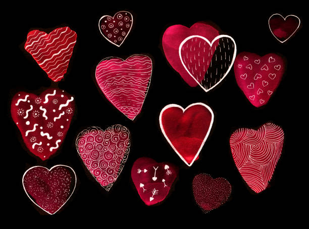 rote herzen, die mit einer weißen umrandung verziert sind. isoliert auf schwarzem hintergrund. - chaos sketch heart shape two dimensional shape stock-grafiken, -clipart, -cartoons und -symbole