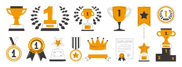 Vector illustration of Awards, cups, medals for first places and a set of podium winners. Black and orange color, Hand drawn award decorative icons. Vector illustration in doodle style.