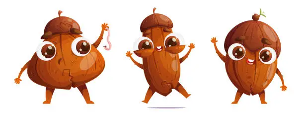 Vector illustration of Set of three cute cartoon acorns. Emotional characters, detailed acorns with surprise, joy and hospitality.