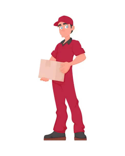 Vector illustration of Smiling Deliveryman with Parcel: Friendly courier in red uniform holding a paper box. Vector cartoon illustration.