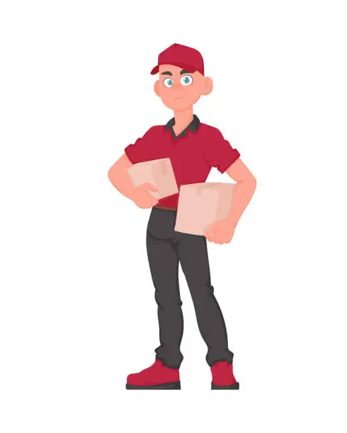 Vector illustration of Smiling Deliveryman with Parcel: Friendly courier in red uniform holding a paper box. Vector cartoon illustration.