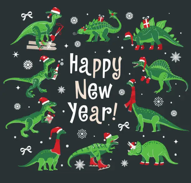 Vector illustration of Dino Christmas Party Happy New Year. Dinosaur in Santa hat decorates. Vector illustration of funny character in cartoon flat style.