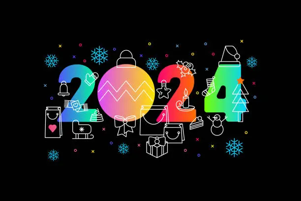 Vector illustration of Happy 2024 New Year Black Neon A4 Poster