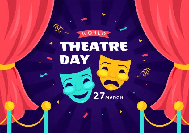 Vector illustration of World Theatre Day Vector Illustration on March 27 with Mask and Red Curtains to Preserve Performing Arts and Entertainment in Flat Cartoon Background
