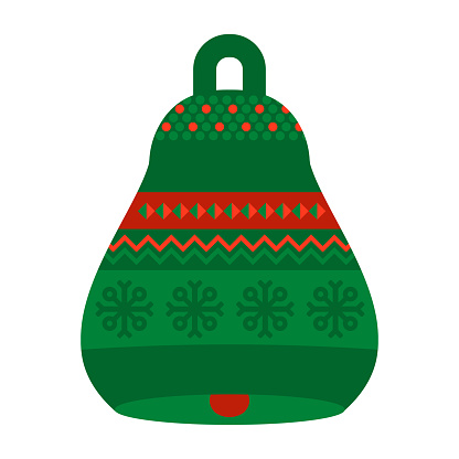 Scandinavian metal bell with Norwegian national holiday pattern in red and green colors. Nordic pear bell in handmade knitted ornate style. Simple flat vector isolated on white background