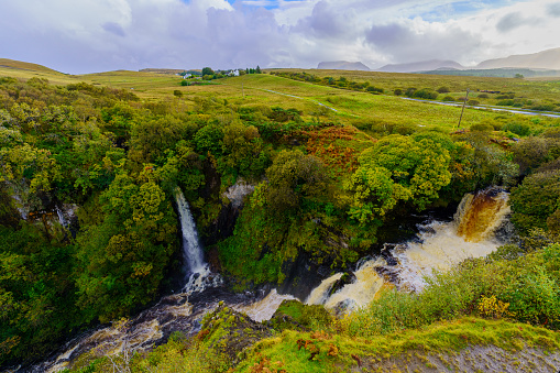 View of landscape and the Lealt Falls, in the Isle of Skye, Inner Hebrides, Scotland, UK