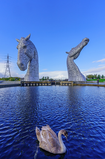 Falkirk, UK - October 07, 2022: Scene of the Helix and the Kelpies, with locals and visitors. Scotland, UK