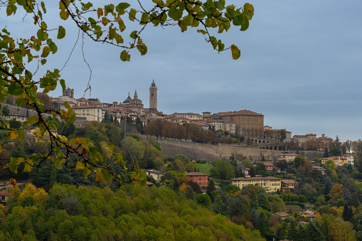 Bergamo, Italy - 9 November, 2023: view of the Citta Alta of Bergamo in late autumn