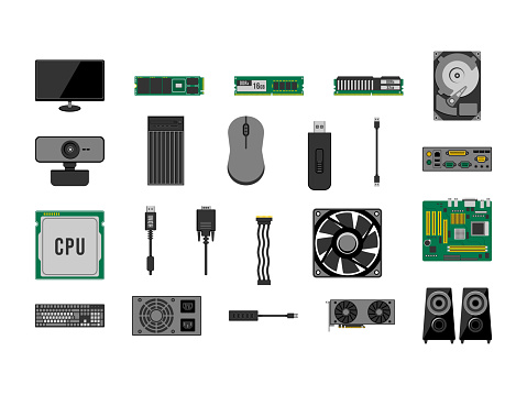 Personal Computer PC components. Vector Illustration Collection Computer parts. Motherboard, CPU, GPU, SSD, and Memory Modules, and Power Supply.