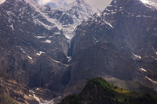 Glaciers melting forming waterfalls in the greater Himalayas, en route Manali to Leh, Himachal Pradesh