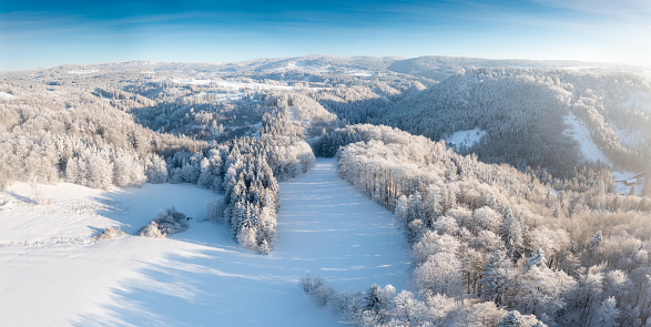 Morning aerial view of the winter forest. Top view of snow-covered trees. Beautiful northern nature. Ecological tourism in the woodland. Wide natural background. Aerial shot of trees covered in snow