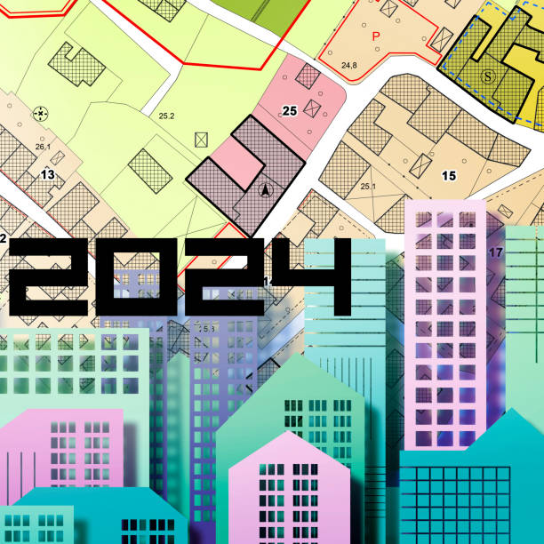 istock 2024 Real Estate Planning - Business concept in building activity and construction industry with cityscape, imaginary General Urban Plan, cadastral map and residential zoning districts 1832098931