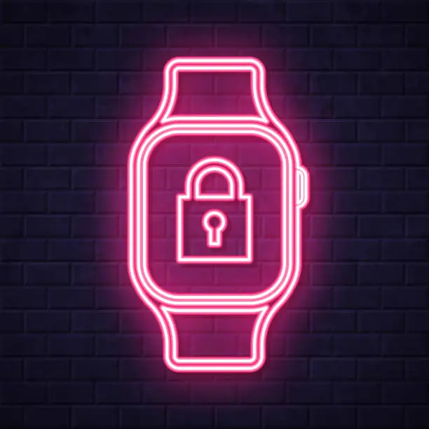 Vector illustration of Smartwatch with padlock. Glowing neon icon on brick wall background