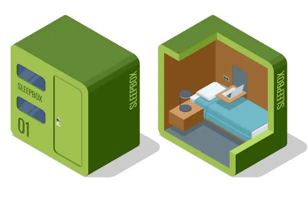 Vector illustration of Isometric Sleeping Space Capsule Homes. Sleeping People in Smart Capsule Hotel. Sleepbox. Sleeping Pods