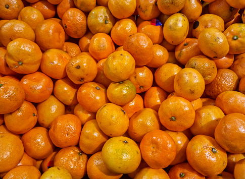 Close-up of boxes with tangerines on display for sale in the market