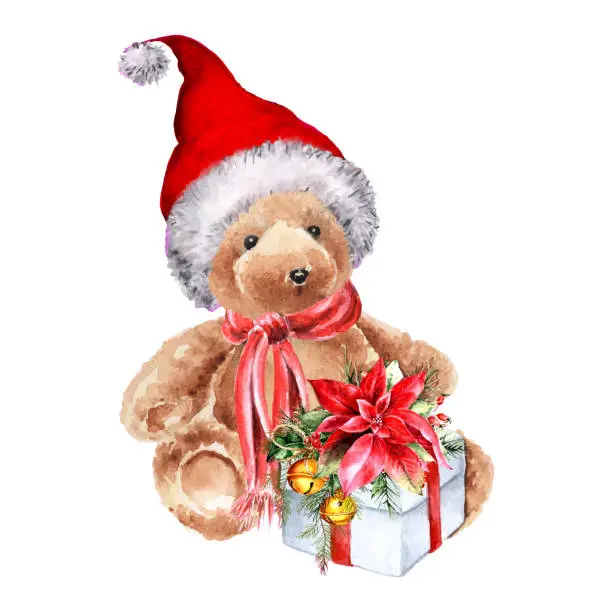 Vector illustration of Teddy bear in a red santa hat with a box of gifts.