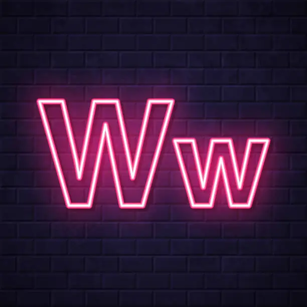 Vector illustration of Letter W - Uppercase and lowercase. Glowing neon icon on brick wall background