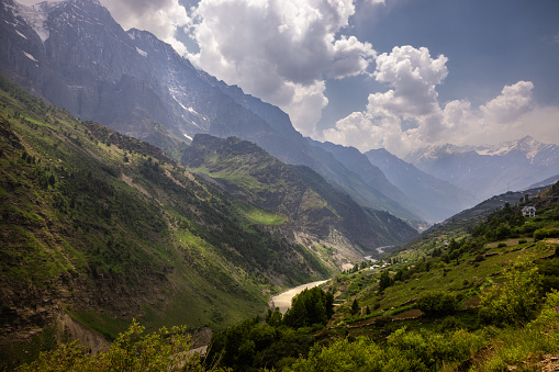 Valleys along the Chenab river with massive Himalayan mountains en route Manali to Leh, Himachal Pradesh