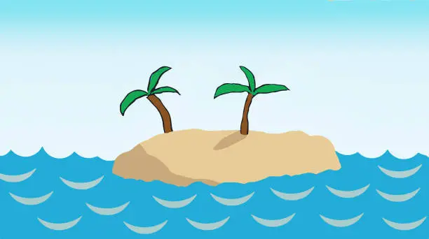 Vector illustration of Idyllic desert island with two palm trees in the ocean