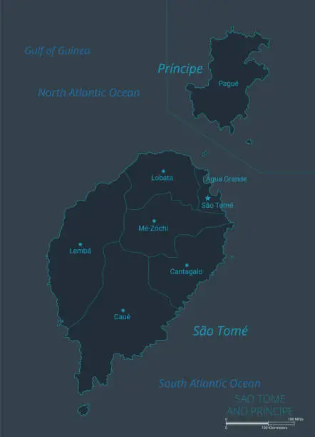 Vector illustration of Sao tome and principe map. High detailed vector map of Sao tome and principe with countries, capital cities names, borders, water objects