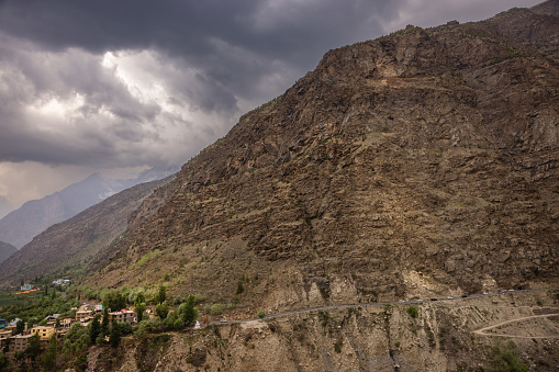 Highway and small towns along the road to Leh from Manali