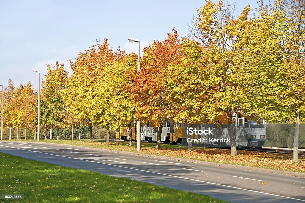 White-gelbes tram im Herbst Stadt Gera, Thüringen Deutschland - Lizenzfrei Herbstlaub Stock-Foto