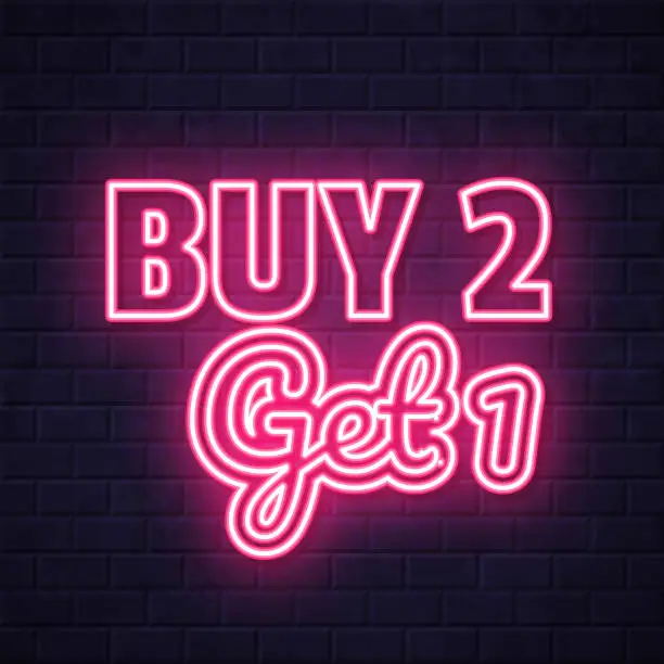 Vector illustration of Buy 2 Get 1. Glowing neon icon on brick wall background