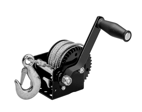 Manual cable winch with hook isolated in white back