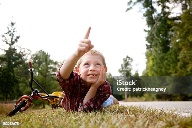 Little Boy Señalando Foto de stock y más banco de imágenes de Acostado - Acostado, Actividades recreativas, Aire libre