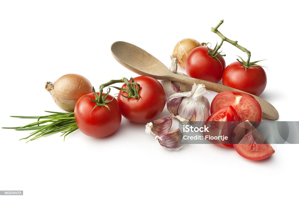 Składniki: Pomidory, czosnek i cebula, Szczypiorek - Zbiór zdjęć royalty-free (Bez ludzi)
