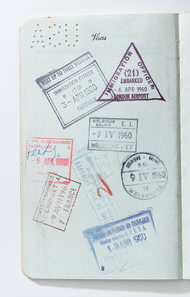 vintage cunhos dos carimbos de passaporte - passport usa american culture front view imagens e fotografias de stock