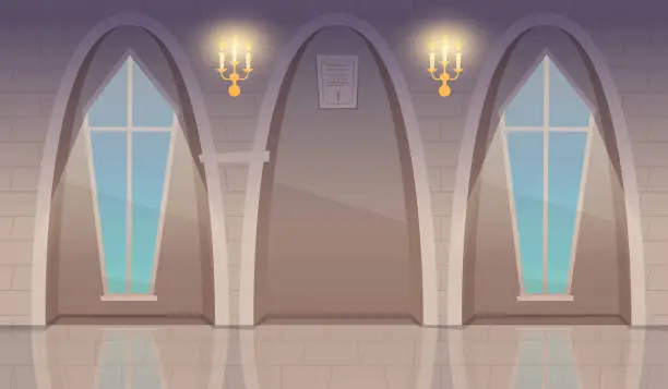 Vector illustration of Cathedral interior. window in gothic interior church. Vector cartoon background