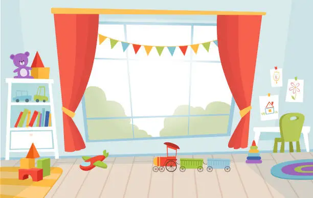 Vector illustration of Kindergarten room. Playground interior. Vector cartoon background