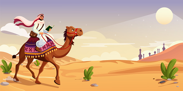 Arabian rider mounted brown camel travel around Sahara desert. Decorated saddle. Man upon wildlife animal with hump. Safari transportation. East tale. Isolated on white background. Vector illustration
